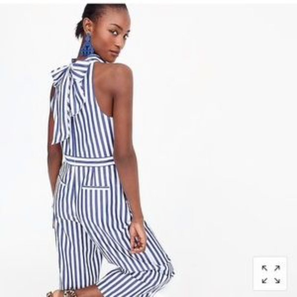 J. Crew Blue and White Striped Halter Tie Jumpsuit